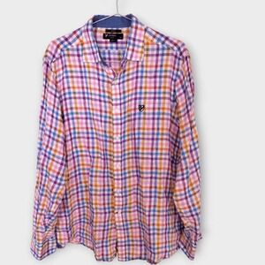 Cremieux Mens XL Slim Fit Linen Plaid Long Sleeve‎ Button Down Preppy Shirt